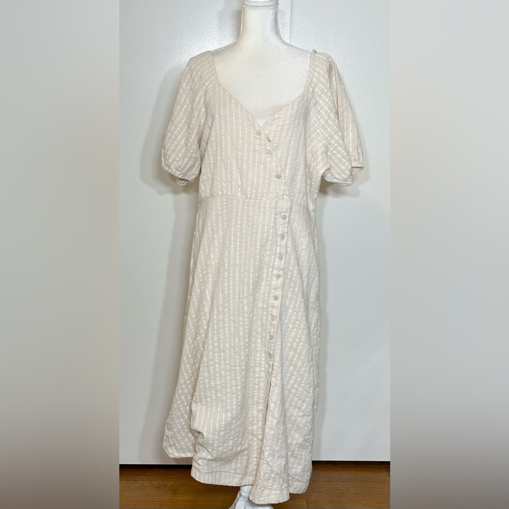 Women’s Madewell Puff Sleeve Button Wrap Midi Dress Linen Blend Stripe Sz 16